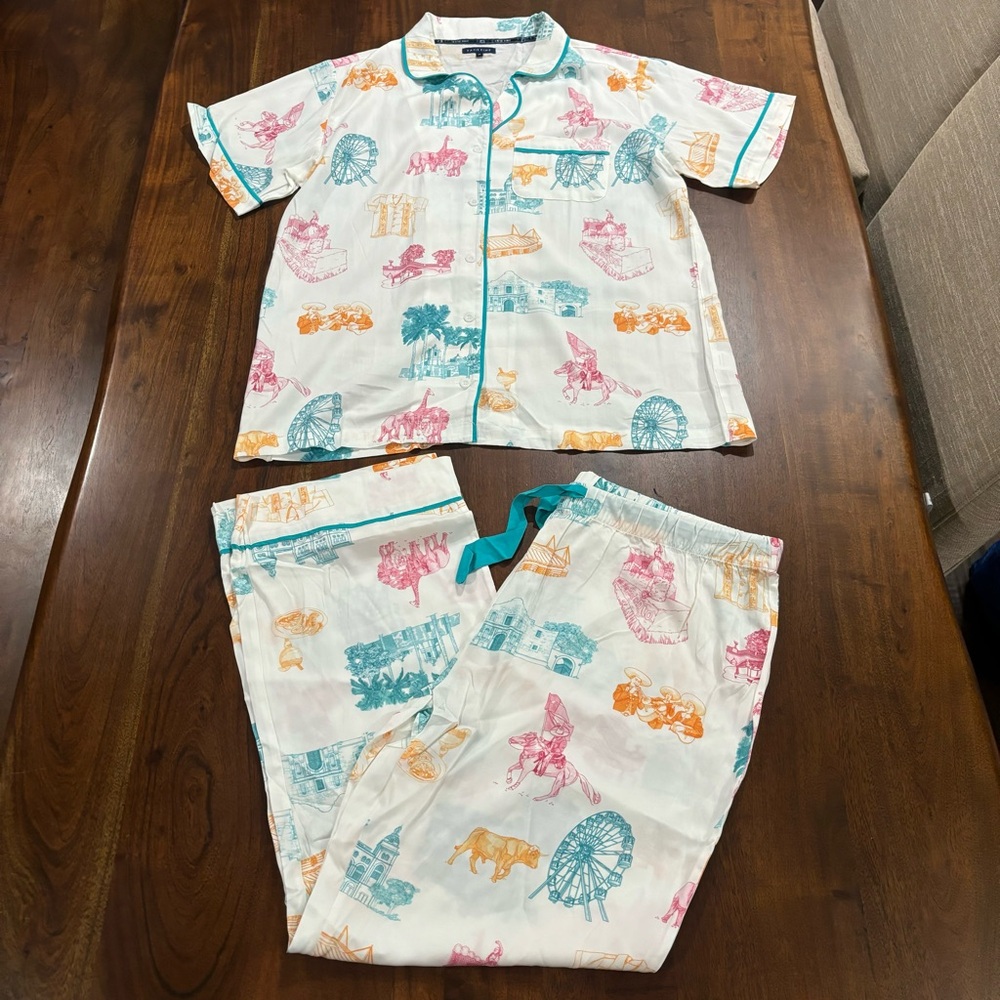 Katie Kime San Antonio Texas Toile Print Matching Pant Pajama Set Sz XL Novelty